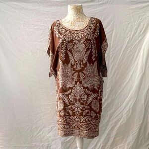 Maeve Anthropologie Silk Mini Dress L Tan Flutter Sleeve Ruffle Hem